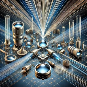 A visually detailed representation of geometrical optics, illustrating light rays undergoing reflection, refraction, and dispersion through mirrors, lenses, and prisms.
