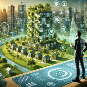 Green Building and Sustainable Design - a futuristic cityscape with eco-friendly skyscrapers, rooftop gardens, and solar panels. An architect reviews a holographic blueprint highlighting energy-efficient building features, surrounded by displays showcasing sustainable materials and green certifications. The background includes pedestrian-friendly urban spaces and green transportation solutions.