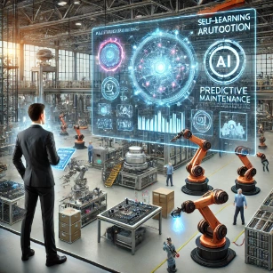 Industrial Automation and Robotics - a futuristic facility with AI-driven robotic arms, autonomous manufacturing systems, and real-time process monitoring. Engineers analyze robotic performance metrics on holographic displays, while collaborative robots (cobots) and AI-powered quality control systems optimize efficiency. The background showcases a smart factory with interconnected automation networks and autonomous guided vehicles (AGVs).