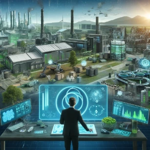 Industrial Ecology and the Circular Economy - a futuristic facility with advanced recycling systems, waste-to-energy plants, and closed-loop manufacturing. Engineers analyze resource flow on holographic displays, while automated sorting robots, AI-driven sustainability dashboards, and 3D printers using recycled materials highlight innovation. The background showcases eco-friendly factories, circular supply chains, and waste repurposing centers. Let me know if you need any modifications!