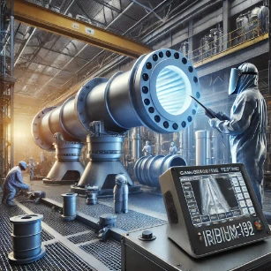 Industrial Radiography using Iridium-192. The image visually represents non-destructive testing for inspecting metal structures, welds, and pipelines.