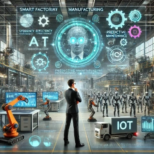 Industrial and Manufacturing Technologies - a futuristic facility with smart factories, automated robotic assembly lines, AI-driven production monitoring, industrial 3D printers, and IoT-connected machinery. The background highlights sustainable manufacturing practices such as energy-efficient production and material recycling. 