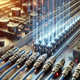Fiber-Optic Communication, showcasing semiconductor lasers transmitting data through optical fibers