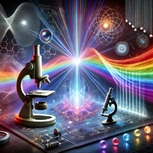 The image illustrates Light and Optics, showcasing the refraction of light through a prism, the wave-particle duality of photons, and the advanced applications of optical science in imaging, communication, and quantum technologies.