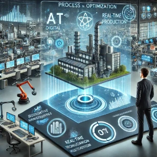 Manufacturing Process Design and Optimization - a futuristic smart factory with AI-driven workflow simulations, real-time production monitoring, and digital twin modeling. Engineers analyze efficiency metrics on holographic displays, surrounded by robotic assembly lines, predictive maintenance systems, and IoT-connected machinery optimizing production layouts.