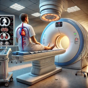 A medical imaging procedure using Technetium-99m, where a gamma camera captures internal organ images for safe and precise diagnostic scans.