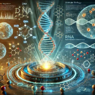 DNA and RNA as carriers of genetic information within the Molecular Basis of Inheritance. The image highlights a glowing DNA double-helix transitioning into an RNA strand, depicting genetic transcription. Surrounding elements showcase gene organization on chromosomes, DNA replication, and protein synthesis from RNA, emphasizing the biochemical processes of inheritance.