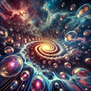 Multiverse and Cosmic Inflation, visually illustrating the concept of multiple bubble-like universes emerging from an expanding cosmic fabric