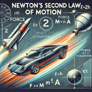 The image illustrates Newton's Second Law of Motion, featuring a dynamic representation of force, mass, and acceleration in accordance with "Newton's Second Law of Motion" and the equation F = m × a, alongside visual elements such as force vectors, acceleration arrows, and real-world examples like a car accelerating or a rocket launching.