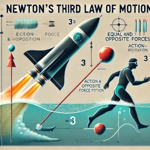 The image illustrates Newton's Third Law of Motion, depicting action-reaction force pairs through a rocket launch, a swimmer pushing against water, and a person walking