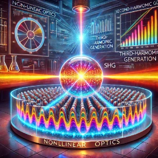 The image depicts an intense laser beam interacting with a nonlinear crystal, generating harmonic frequencies such as second-harmonic generation (SHG) and third-harmonic generation (THG).