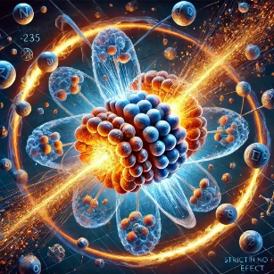 Illustration of nuclear fission, depicting the splitting of a uranium-235 nucleus, the release of free neutrons, and the resulting chain reaction.