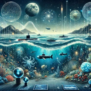 Oceanography, depicting the vast and dynamic ocean environment. It includes ocean currents, marine life, underwater geological structures, and advanced exploration technology such as submarines and remote sensing equipment. The image highlights the role of oceanography in climate regulation, marine biodiversity, and scientific discovery.