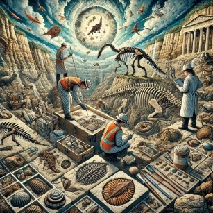Paleontology, showcasing fossil excavation, ancient species, and geological history. 