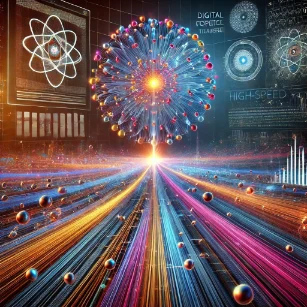 A futuristic depiction of photonics, showcasing glowing optical fibers, nanophotonic interactions, and advanced quantum computing elements, symbolizing the fusion of light and technology.