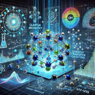 A futuristic illustration representing physical chemistry, featuring molecular structures, atomic orbitals, thermodynamic equations, and spectroscopy data in a high-tech digital environment. 