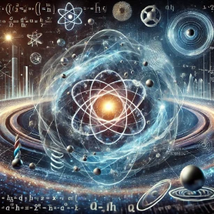 Physics - Image illustrating fundamental concepts in physics, including energy, motion, cosmic forces, and quantum mechanics. 
