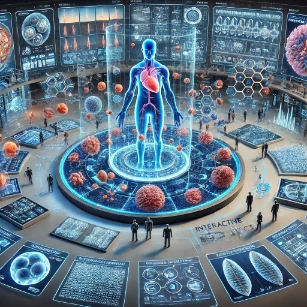 Physiology. It showcases a futuristic visualization of biological functions at multiple levels, including interconnected physiological systems such as the circulatory, nervous, and muscular systems. The scene includes AI-driven medical research tools, real-time physiological simulations, and cellular imaging, emphasizing the advanced study of physiological processes. 