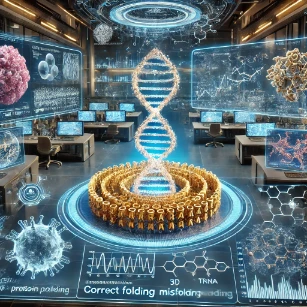 Protein Synthesis and Folding. It depicts a high-tech molecular biology research lab where a glowing mRNA strand is actively translated by a ribosome into a polypeptide chain, with tRNA molecules delivering amino acids. Holographic molecular structures showcase protein folding, with chaperone proteins ensuring correct folding and preventing misfolding. The background features an AI-driven research facility focused on protein engineering and drug discovery.
