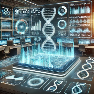Quantitative Genetics. It features a futuristic visualization of polygenic traits, with a glowing statistical graph overlaid on a holographic DNA sequence, symbolizing the relationship between multiple genes and continuous traits. AI-driven bioinformatics tools analyze genetic and environmental contributions to phenotypic variation.