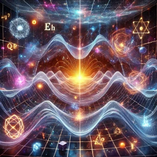 Quantum Field Theory (QFT), depicting quantum fields permeating space with fundamental particles emerging as wave-like excitations.