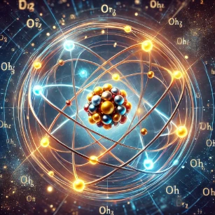Illustration of quantum numbers and electron configuration. It represents an atom with multiple glowing electron orbitals, each depicted in distinct energy levels, enhancing the understanding of atomic structure.