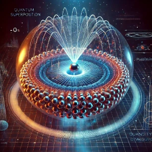A visually striking depiction of quantum superposition, illustrating a quantum particle existing in multiple states simultaneously with wavefunction overlays and probability distributions.