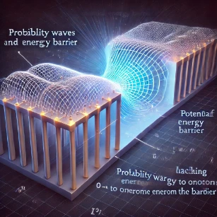 Illustration of quantum tunneling. The image depicts a particle wave approaching an energy barrier, with part of the wave function penetrating and continuing on the other side, illustrating the tunneling effect.