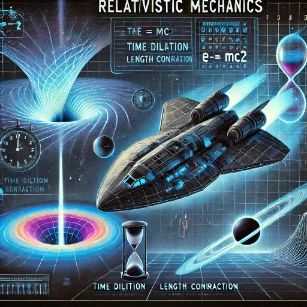This Relativistic Mechanics image depicts a futuristic spacecraft moving at near-light speeds against a cosmic backdrop, featuring warped spacetime grids, a black hole with gravitational lensing, and a digital display of Einstein’s equation "E = mc²", along with visual representations of time dilation and length contraction,.