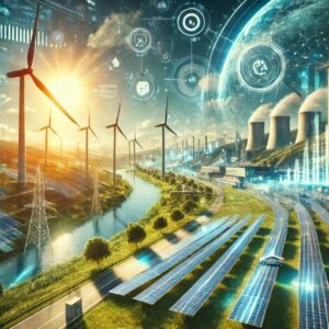 Renewable Energy Studies showcasing solar panels, wind turbines, and a hydroelectric dam integrated with a futuristic smart city. The image highlights the transition toward a clean energy future with sustainability and innovation at its core.
