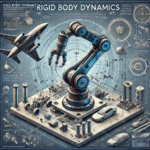 The image illustrates Rigid Body Dynamics, featuring a robotic arm in motion, diagrams of translational and rotational movement, aerospace and automotive applications