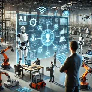Robotics and Automation in Mechanical Engineering - a futuristic research facility with AI-driven humanoid robots, autonomous drones, and robotic arms assembling precision components. Engineers analyze real-time robotic performance on holographic displays, while cobots assist human workers, and AI-powered quality control systems optimize production