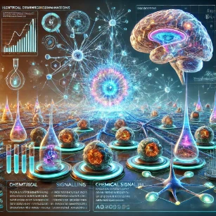Signal Transmission and Communication in physiology. It depicts a glowing neural network showcasing electrical signaling between neurons via synapses and neurotransmitters, alongside chemical signaling through hormones and molecular messengers in the bloodstream. Holographic overlays highlight real-time cellular communication pathways, while an advanced biomedical research setting analyzes neural and hormonal signaling dynamics.