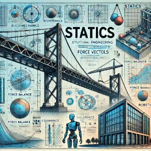 The image illustrates Statics, featuring a stable bridge, a skyscraper, and a crane lifting a load with force balance diagrams, alongside applications in biomechanics and robotics