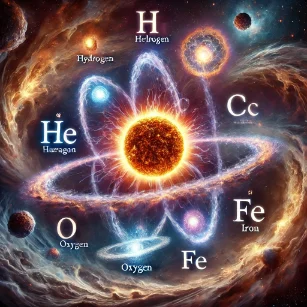 Stellar Nucleosynthesis: showcasing a massive star undergoing fusion reactions with elemental symbols embedded in the plasma waves, alongside a cosmic explosion releasing newly formed heavy elements into space.