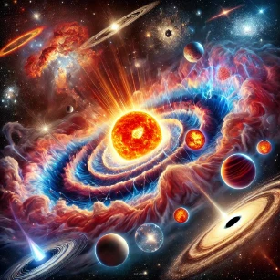 Stellar Physics, illustrating the life cycle of stars from their formation in nebulae to their evolution into red giants, supernovae, and black holes