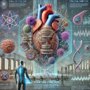 Structure-Function Relationship in Physiology. It showcases how biological structures are optimized for their functions, featuring multi-layered representations from molecular to organ levels. The image highlights a DNA double helix transitioning into a functional protein, a neuron’s intricate branching for signal transmission, and the heart’s muscular structure for efficient circulation. 