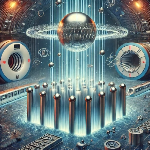 The image illustrates Superconductivity, depicting a superconducting material levitating above magnets due to the Meissner effect, with expelled magnetic field lines and quantum wave patterns symbolizing zero electrical resistance.