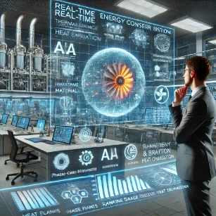Thermodynamics and Heat Transfer - a futuristic research laboratory with engineers analyzing real-time thermal simulations, high-tech heat exchangers, and AI-driven energy optimization. The background showcases smart power plants, high-efficiency heat pumps, and next-generation propulsion systems.