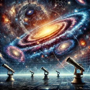 Cosmology, depicting the vast cosmic landscape, the Big Bang, swirling cosmic filaments, and advanced scientific instruments exploring the universe. 