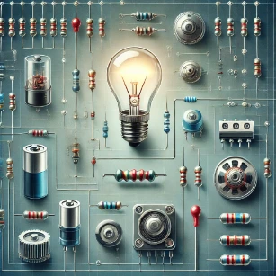 A conventional electrical circuit, including classic components like resistors, capacitors, inductors, a battery, a glowing light bulb, and a power grid representation.