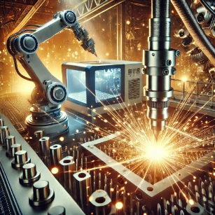 Industrial Laser Applications, showcasing laser cutting, welding, and drilling in a high-tech manufacturing setting.