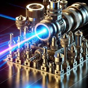 A Laser Optics System emitting a precise, focused beam, showcasing optical components like lenses and mirrors used in scientific and industrial applications.