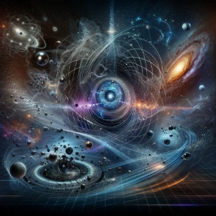 A futuristic visualization of modern physics, illustrating quantum mechanics, relativity, and cosmology in an interconnected cosmic framework.