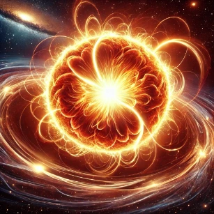 Nuclear Fusion powering a star, with hydrogen nuclei merging into helium and releasing immense energy."
