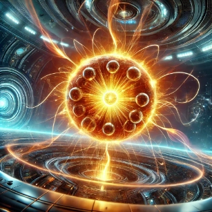 Nuclear Fusion: depiction of the nuclear fusion process, illustrating the intense energy release as hydrogen isotopes fuse into helium, generating an explosion of radiant plasma and high-energy light waves.