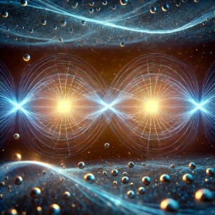 Illustration of Quantum Entanglement, depicting two entangled particles connected by an invisible quantum link across a cosmic background.