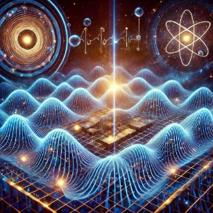 Illustration of wave-particle duality, quantum superposition, and entanglement—key principles shaping our understanding of the quantum world.