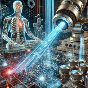 A futuristic depiction of quantum optics applied in medical imaging, illustrating an advanced Optical Coherence Tomography (OCT) system performing non-invasive tissue scanning.