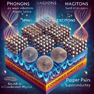 Quasiparticles in condensed matter physics, including phonons, magnons, excitons, and Cooper pairs